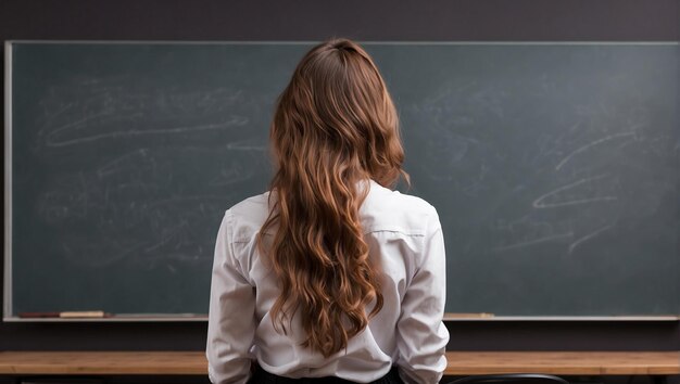 vista trasera estudiante con un fondo de pizarra