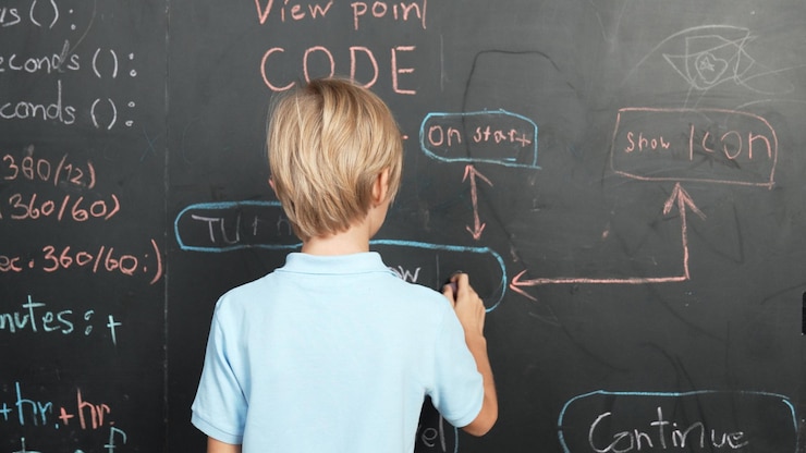 Foto vista trasera de un estudiante inteligente escribiendo instrucciones de ingeniería en la pizarra erudición