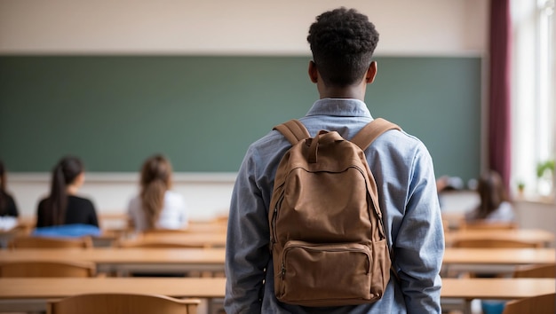 vista trasera estudiante masculino con un fondo de clase