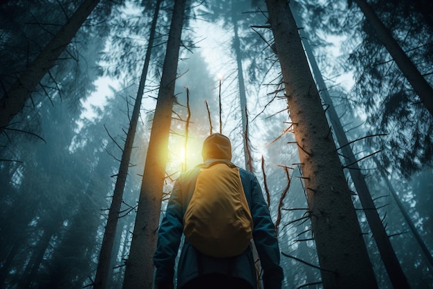 Vista trasera de un excursionista en medio de un bosque de árboles altos contemplando la inmensidad de la naturaleza