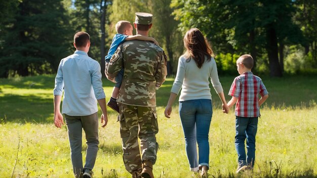 Vista trasera de una familia feliz caminando juntos en el prado en el parque