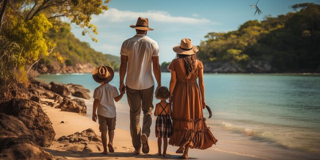 Vista trasera de una familia feliz caminando por una playa tropical en las Seychelles