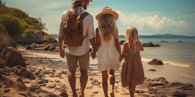 Vista trasera de una familia feliz caminando por una playa tropical en las Seychelles