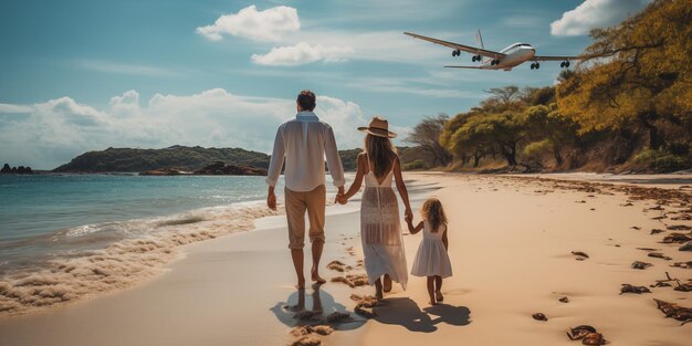 Vista trasera de una familia feliz caminando por una playa tropical en las Seychelles