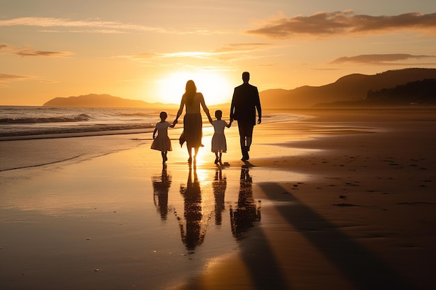 Una vista trasera de una familia joven feliz caminando alegremente en una playa de arena al atardecer