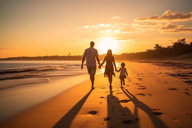 Una vista trasera de una familia joven feliz caminando alegremente en una playa de arena al atardecer