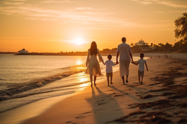 Una vista trasera de una familia joven feliz caminando alegremente en una playa de arena al atardecer