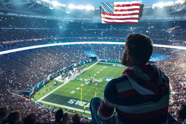 vista trasera de un fanático viendo un juego de fútbol americano en el gran estadio