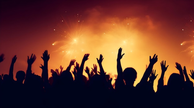 Vista trasera de la gente viendo fuegos artificiales de año nuevo en el cielo por la noche celebrando un feliz año nuevo