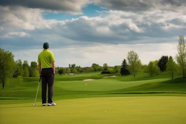 Vista trasera de un golfista mirando el green de su campo de golf creado con IA generativa