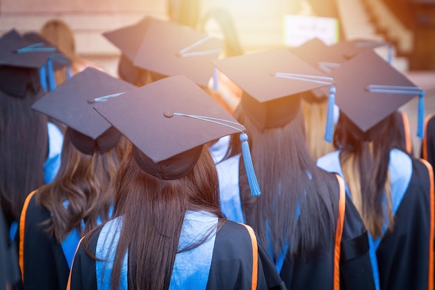 Vista trasera de los graduados universitarios en togas y gorras de graduación