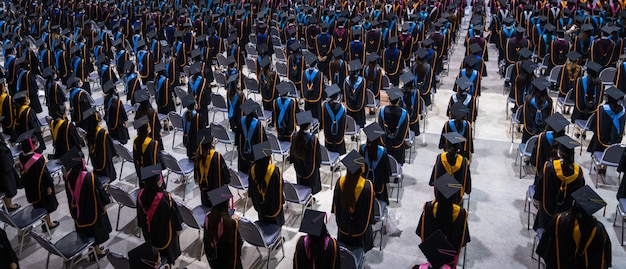 Vista trasera de los graduados universitarios en togas y gorras de graduación