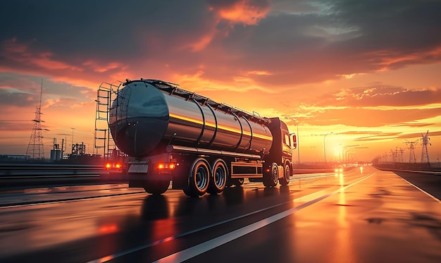 Vista trasera de un gran camión cisterna de combustible metálico en movimiento enviando combustible a la refinería de petróleo contra el cielo al atardecer