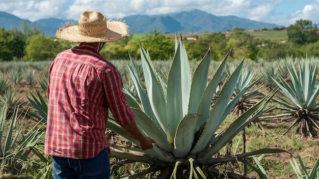 Vista trasera de un granjero con un sombrero de paja cosechando una planta de agave en el campo