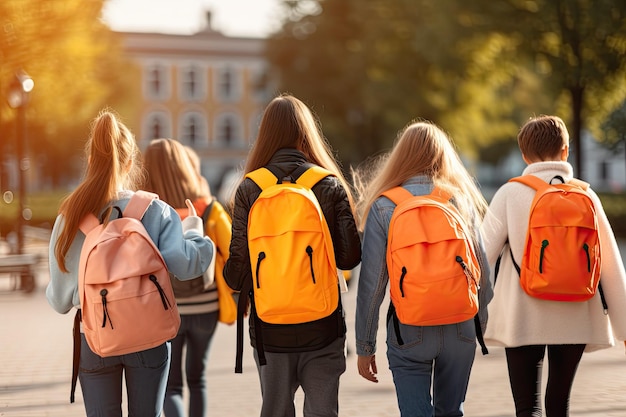 Vista trasera de un grupo de colegialas con mochilas de pie en la calle Estudiantes de la escuela vista trasera completa con mochila escolar Generado por IA