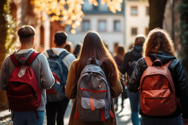 Vista trasera de un grupo de estudiantes con mochilas caminando por la ciudad Vista trasera de un grupo de estudiantes con mochilas caminando por la calle Un grupo de niños de secundaria con IA generada