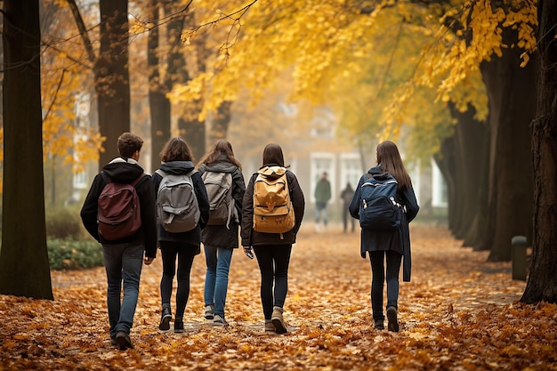 Vista trasera del grupo de estudiantes con mochilas concepto del día internacional del estudiante de regreso a la escuela