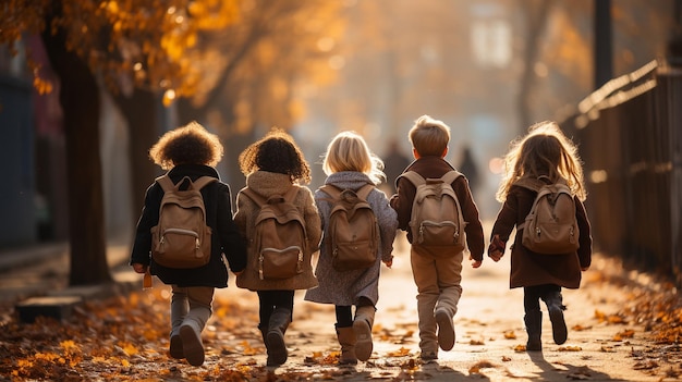 Vista trasera de un grupo de estudiantes de primaria corriendo a la escuela