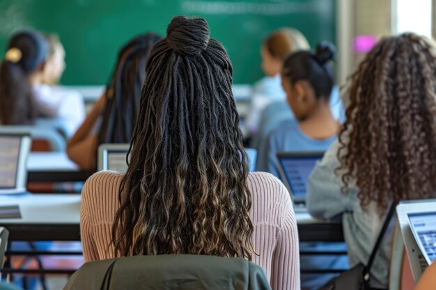 Vista trasera de un grupo de estudiantes de secundaria multirraciales en clase usando computadoras portátiles mientras el maestro