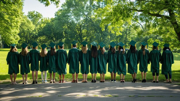 Vista trasera de un grupo de estudiantes con túnica de graduación verde y gorra de pie juntos en el asfalto frente al césped verde con árboles