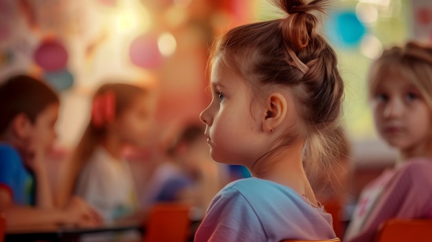 Vista trasera de un grupo de muchos escolares niños sentados en los escritorios y escuchando atentamente a te