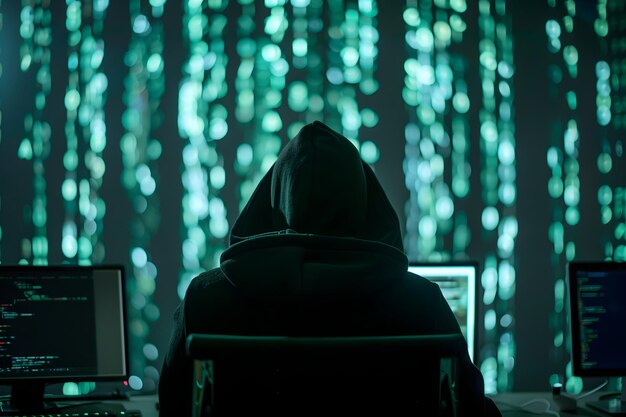 Vista trasera de un hacker con capucha trabajando con una computadora en un fondo oscuro