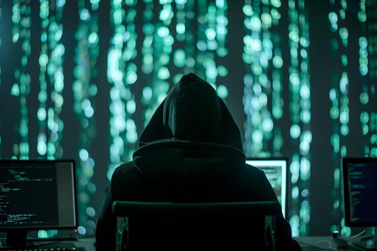 Foto vista trasera de un hacker con capucha trabajando con una computadora en un fondo oscuro