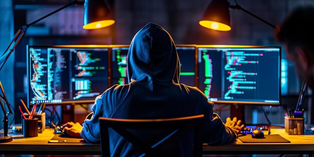 vista trasera de un hacker cyberpunk sentado en una computadora con monitores en una habitación