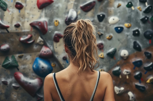 Vista trasera de una hembra mirando una pared de escalada desafiante