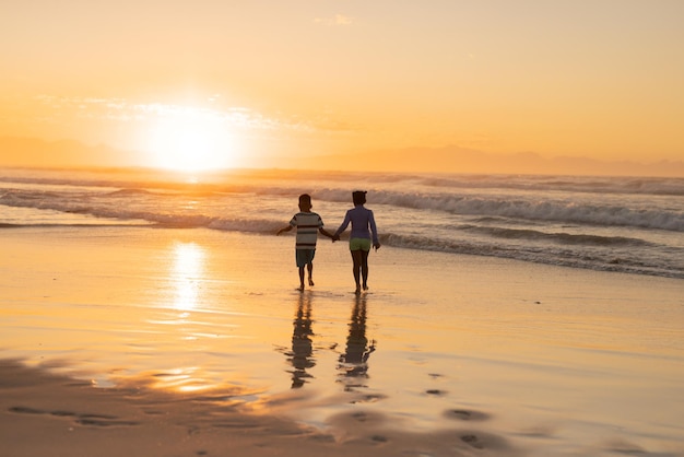 Vista trasera de hermanos afroamericanos tomados de la mano y caminando en la playa contra el cielo al atardecer