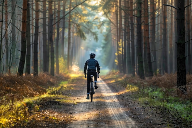 Vista trasera de un hombre en bicicleta por el bosque por la mañana