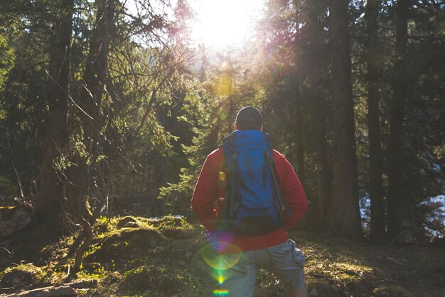 Foto vista trasera de un hombre caminando por el bosque