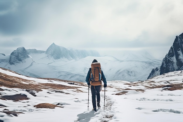 Vista trasera de un hombre caminando solo en una montaña de invierno