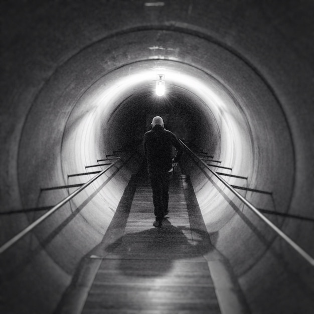 Vista trasera de un hombre caminando en un túnel iluminado