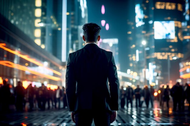 Foto vista trasera del hombre en la ciudad nocturna concepto de sueño de negocios y éxito vista trasera de una figura masculina contemplando el paisaje urbano nocturno concepto de ambición y avance profesional