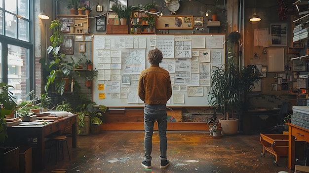 Vista trasera de un hombre contemplando los planes del proyecto en una pared del estudio