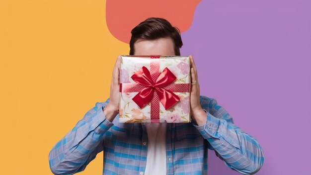 Vista trasera de un hombre escondiendo una caja de regalos florales contra un fondo de colores