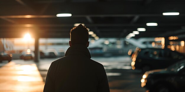 Vista trasera de un hombre en el estacionamiento temprano en la mañana