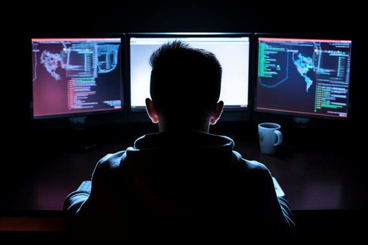 Foto vista trasera de un hombre frente a una computadora brillante trabajando en la oscuridad terminando el trabajo a medianoche