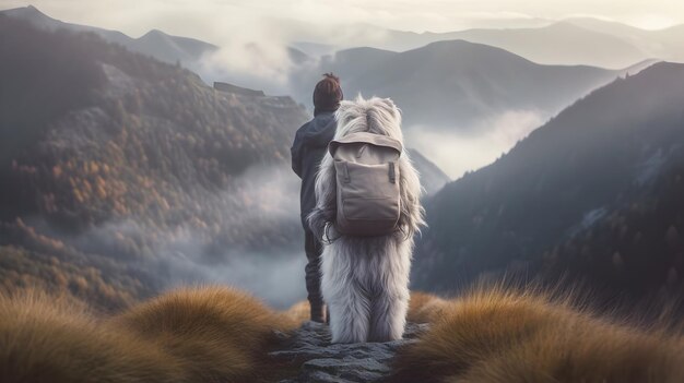 Vista trasera del hombre y la gran criatura animal blanca y esponjosa con mochila como Bigfoot caminando en las montañas