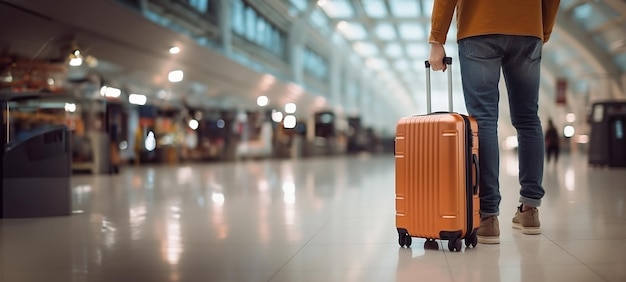 Vista trasera de un hombre con una maleta de pie en el aeropuerto Concepto de imagen de viaje con copyspace