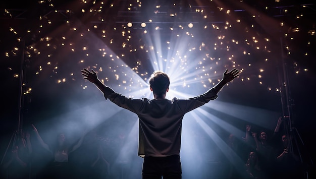 Vista trasera del hombre con las manos levantadas frente a las luces del escenario.