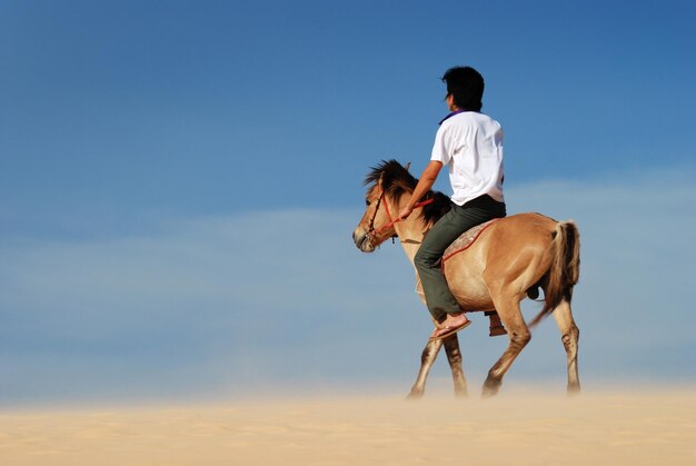 Foto vista trasera de un hombre montando a caballo en la playa