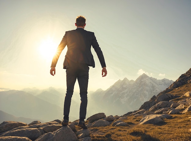 Foto vista trasera de un hombre de negocios mirando el amanecer en la cima de la montaña ia generativa