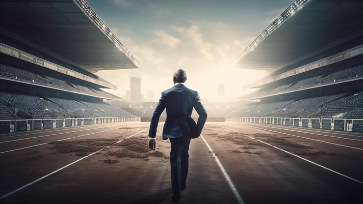 Vista trasera de un hombre de negocios de pie en un estadio vacíogenerativo ai