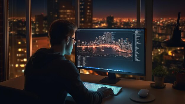 Foto vista trasera de un hombre de negocios trabajando en monitores de computadora en una oficina oscura por la noche