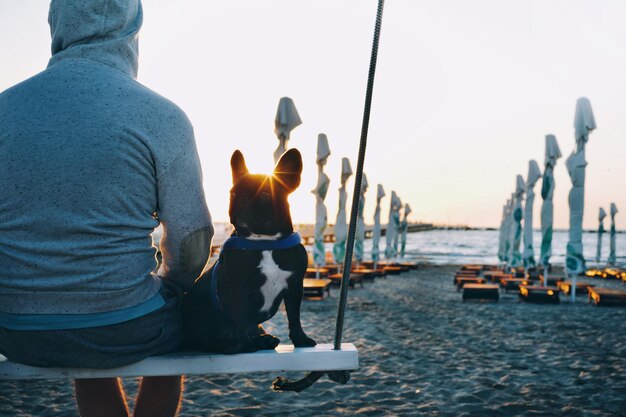Vista trasera de un hombre con un perro en la playa al amanecer