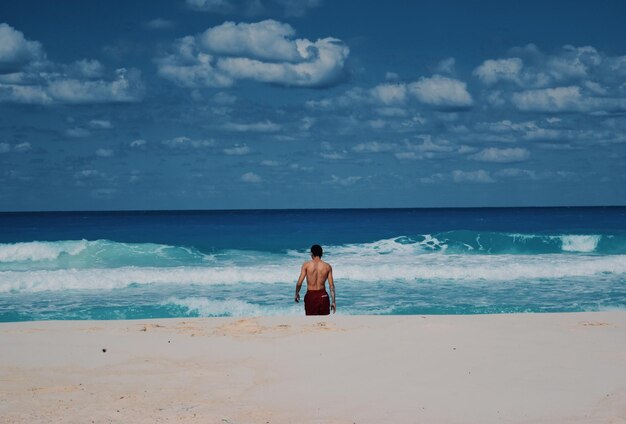 Foto vista trasera de un hombre de pie en la playa contra el cielo