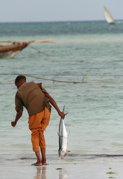 Foto vista trasera de un hombre de pie en la playa