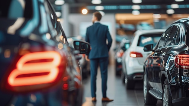 Vista trasera del hombre profesional en traje en la sala de exposición de automóviles